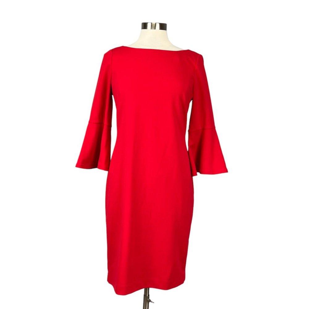 Jessica Howard Womens Red Bell Sleeve Sheath Dress Jewel Neck size 10